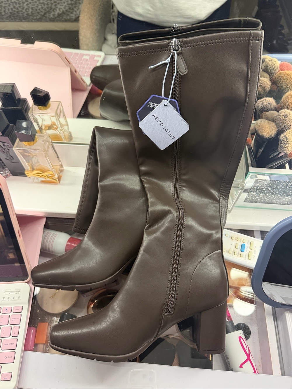 AEROSOLES Dark Brown Mid-Calf Block Heel Zip Boots